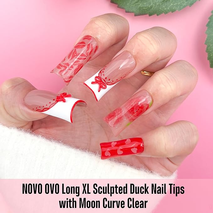 NOVO OVO Long Duck Nail Tips Full Cover Gel X Sculpted (not Natural) Soft Gel Duck Nails Tips with Moon Curve for Deep C-Curve Beds, Extra Thick Flare Tips, Transparent Clear, 15 Sizes 240 Pcs
