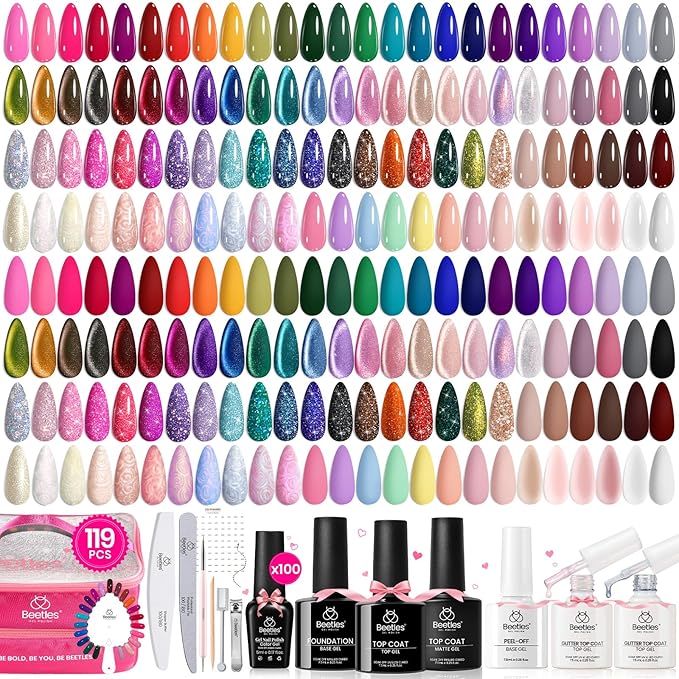 Beetles Nail Nook Gel Nail Polish Set - 119 PCS 100 Colors Gel Polish Kit Base Glossy Matte Glitter Top Coat Glitter Pearl Cat Eye White Red Pink Nude Uv Led Nails Easter Gift for Women