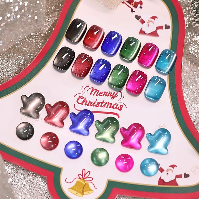 Born Pretty Christmas Cat Magnetic Eye Gel Nail Polish Fall Winter Jelly Red Green Black Blue Crystal Glass Magnetic Shimmer Glitter Nail Polish Salon Gel Manicure and Nail Art DIY at Home 7ML 6PCS