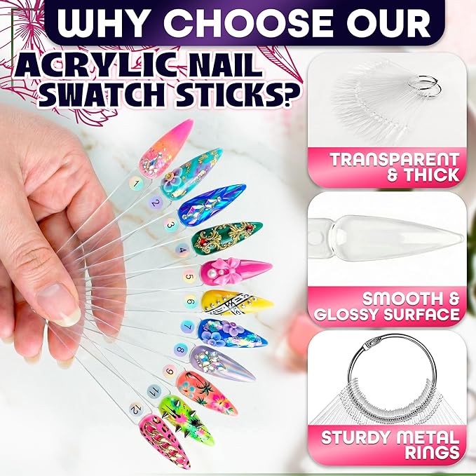 200 Pcs Nail Swatch Sticks Stiletto – Polish Color Swatches with 4 Metal Rings & Numbering Stickers – True Color Visibility, Easy Layer Control | Works with Art Decals and Nail Art Striping Tape Lines