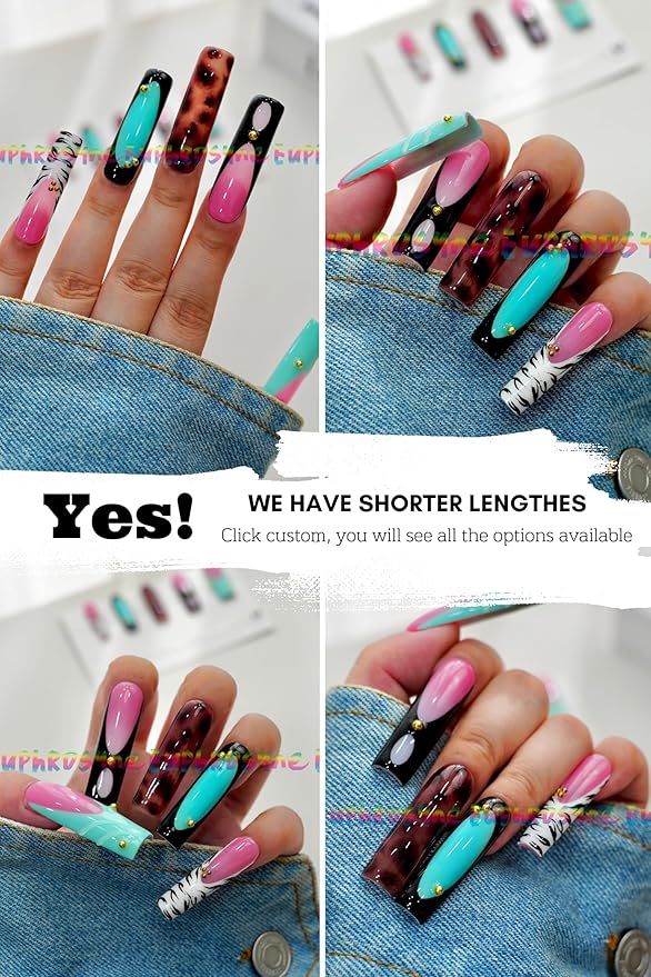 10PCS Multicolor Press On Nails – Long Coffin Fake Nails with Zebra Print, Leopard Pattern, Abstract Swirls & Stud Accents, Glossy Reusable Y2K Nails for Women and Girls – Euphrosyne