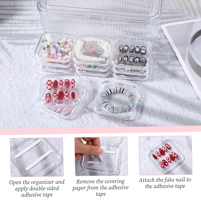 Press On Nail Packaging Box 14 PCS Clear Press On Nail Storage Boxes and 1 Big Storage Box with 54 Pcs Adhesive Double Sided Tape, Acrylic Nails Display Case Independent Packaging Dustproof