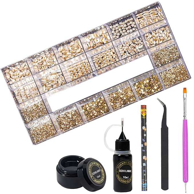 Nail Rhinestones - 4300pcs Champagne Gold, Multiple Shape Gems, Flat Back Rhinestones, with Kit and Glue Gel, for Nail Art