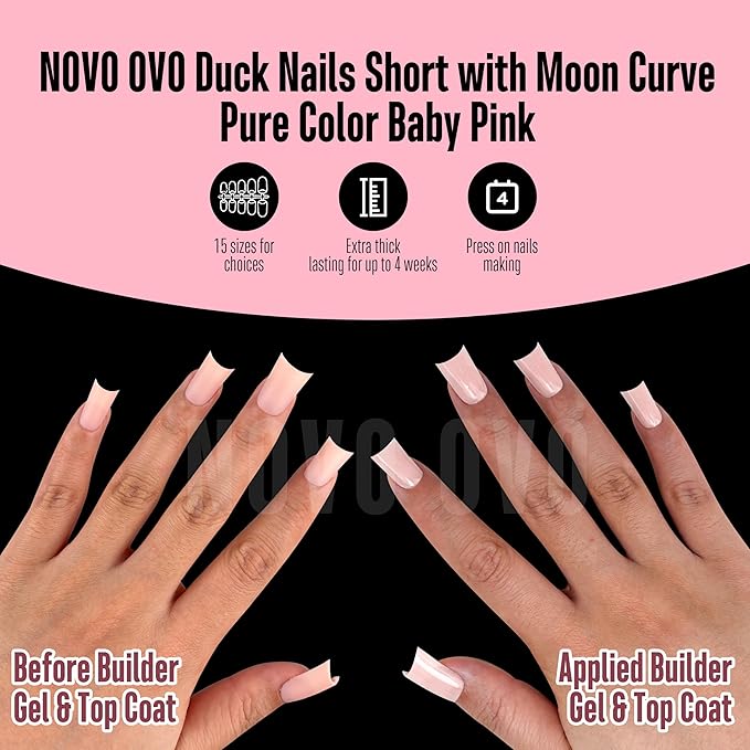 NOVO OVO Short Duck Nail Tips 240Pcs - Solid Baby Pink Soft Gel Flare Duck Feet Nails for Wide Nail Beds, Thick Full Cover False Nail Press Ons, Pre-Shaped Y2K Style Manicure (15 Sizes)