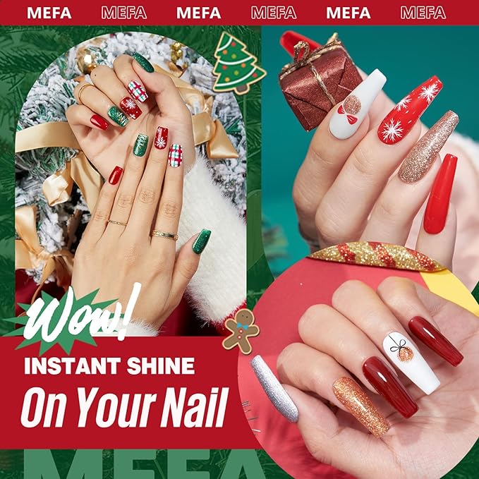 MEFA 19 Pcs Gel Nail Polish Kit with U V Light, 12 Red Christmas Colors Burgundy Red Dark Green Glitter Gel Polish Winter Silver Gold Sparkle Valentine's Day Manicure DIY Salon Decorations Gifts