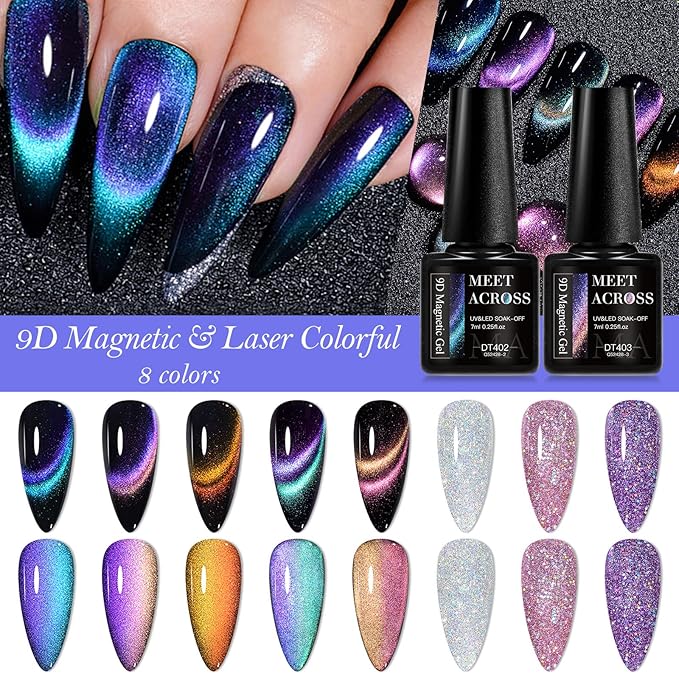 MEET ACROSS 8pcs Nail Polish Set, Soak off UV LED Lamp Cat Eye Gel Set Home Manicure Kit 7ml (Glitter + 9D Cat Eye Gel)