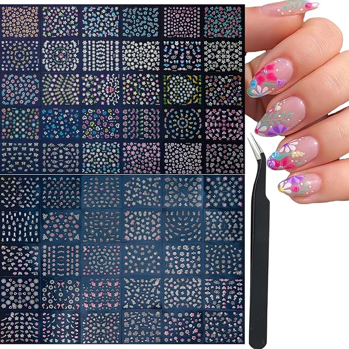 60 Sheets Flowers Nail Art Stickers Decals 3D Self-Adhesive Colorful Flower Rose Daisy Cherry Blossoms Nail Stickers Design Flowers Nail Art Supplies Charms for Nails Arts Manicure with Tweezers…
