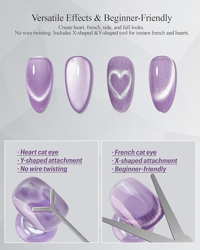 4-Piece Cat Eye Magnet Set with Case – Heart-Shaped & French-Shaped Magnets for Nail Art, Cat Eye Magnet Art Tool, 3-in-1 Magnetic Pen for Salon Professionals & Home DIY, Purple