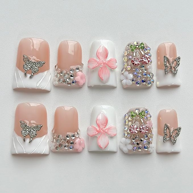 Luxury Press on Nails Short Duck Handmade 3D Unique Reusable ABS Material Fake Nails White French Tip False Nails with Designs Pink Flower Butterfly Glossy Glue on Nail Thick Acrylic Nail(S)
