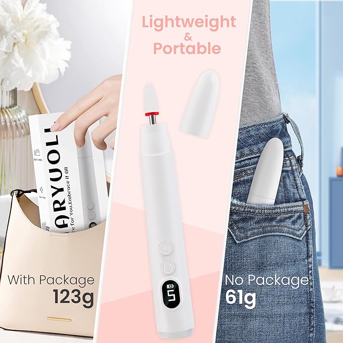 Cordless Electric Nail Drill Kit, Portable Rechargeable Nail Drill Set, Battery Electric Nail File, 5 Speeds Modes, LED Lighting, Reversible Direction, DIY, Professional (White)