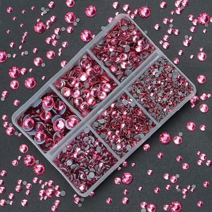 4000Pcs Mixed Size Hot Fix Round Crystals Gems Glass Stones Hotfix Flat Back Rhinestones (Fuchsia)