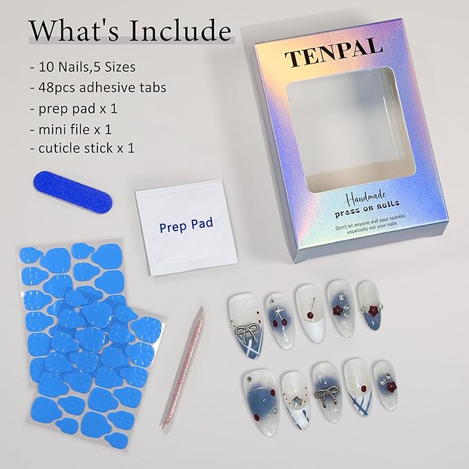 Light Blue White French Press on Nails Medium Almond with 3D Charms Bow Rhinestone Cherry,10Pcs Sweet Girls Summer with Full Kit(L)