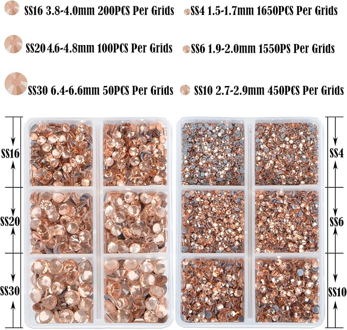 NCB Hotfix Iron on 8000pcs Crystal Rhinestones Round Gem for Crafts Decoration DIY Jewelry Making with a Tweezers and 2 Picking pens (Golden Champagne, 6Sizes SS4-SS30)