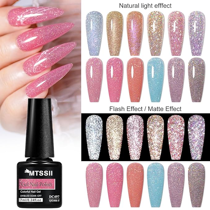 MTSSII 12 Pcs Reflective Glitter Gel Polish, Flash Dimond Pink Brown Nail Polish Winter Colors Sparkly Shiny Nail Art UV LED Curing Need Nail Gel for Manicure DIY and Salon