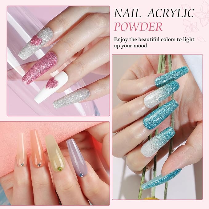 Acrylic Nail Kit for Beginners with Drill U V light, 3pc Acrylic Powder Clear/ Pink /White Set 12Pcs Glitter Powder 200Pcs Fake Tips Nail Starter Kit for Extensions DIY