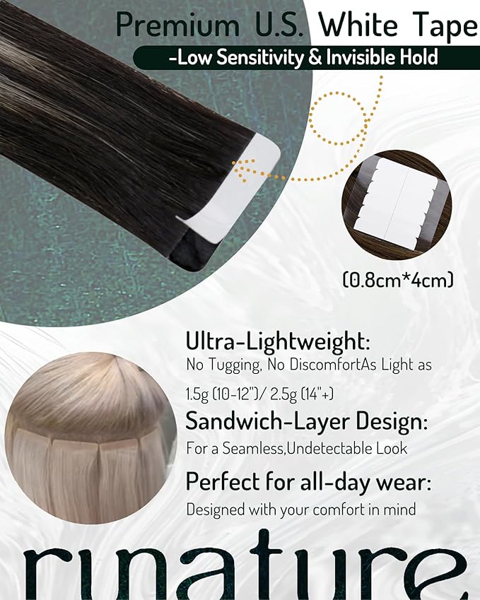 RUANTURE Tape in Hair Extensions Human Hair. Ombre Tape in Extensions, Natural Human Hair Extensions Tape Ins, Black Roots to Silver Hair Extensions, Seamless Glue in Extensions 20 Inch 50g 20pcs