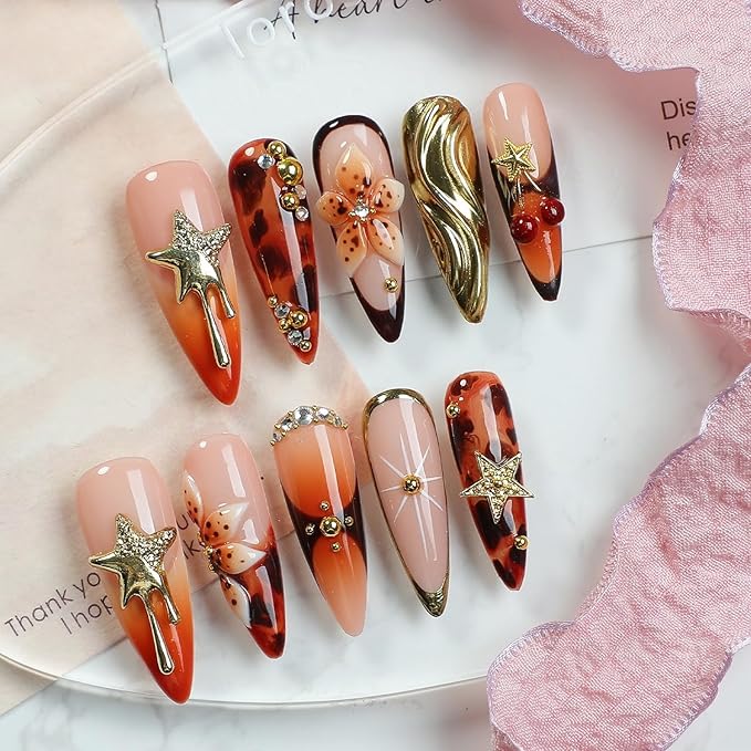 Handmade Press on Nails Thickened Salon Quality Fake Nails with Luxury 3D Flower Stars Cherry and Rhinestone Designs Gradient French Tip False Nails Long Almond Acrylic Nails for Women（Size M)