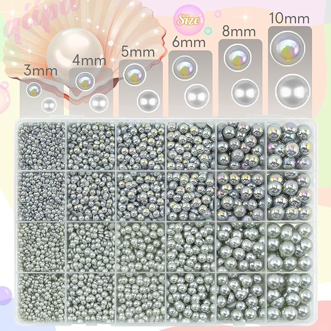 2 Styles Solid Light Gray+ Grey AB Flatback Pearls for Bedazzling Crafting 3-10mm Half Pearls Round Beads Gems Bedazzler Kit for Nails Face Eyes Makeup Tumblers Bottles DIY Crafts Shoes﻿ Phones