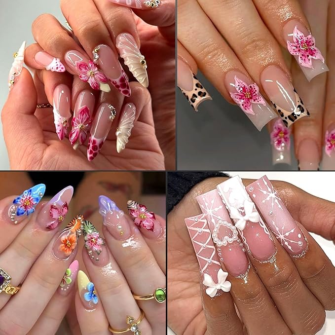 Nail Art Charms - 3D Flower Charms & Manicure Beads, Color Bow, Half Round Pearls, Flatback Rhinestones, Butterfly Nail Art Charms, with Kit, for Nail Art Supplies DIY Accessories