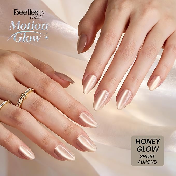 Beetles Motion Glow Nail Tips, Cat Eye Short Almond Nail Tips Set, Full Cover Fake Nail Tips Soft Nail Gel Extensions for Nail Art, 160PCS 16 Sizes, Salon Quality Look DIY Manicure Honey Glow