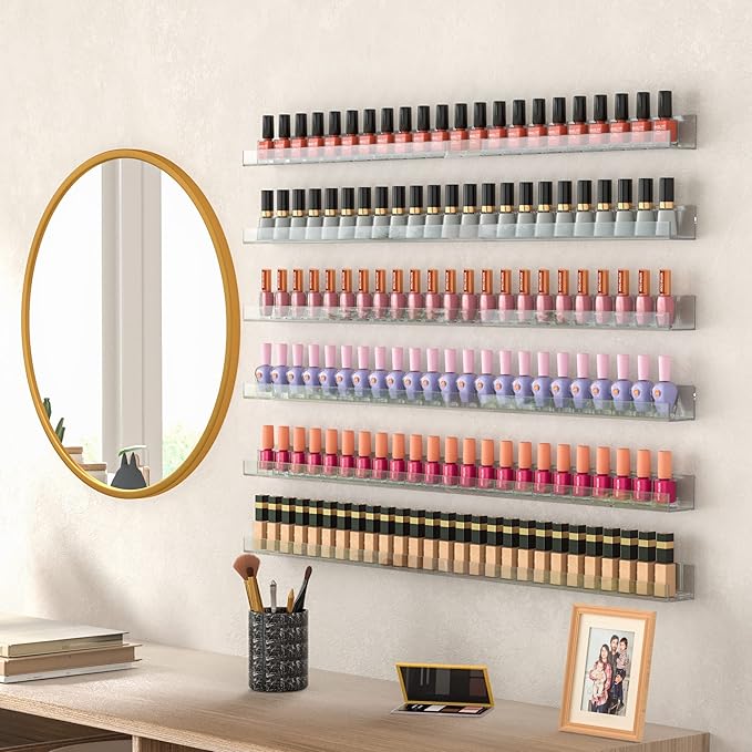 32 Inches Acrylic Nail Polish Rack Shelf for Wall, Clear Nail Polish Organizer Wall Mounted for 192 Bottles, 6 Pack
