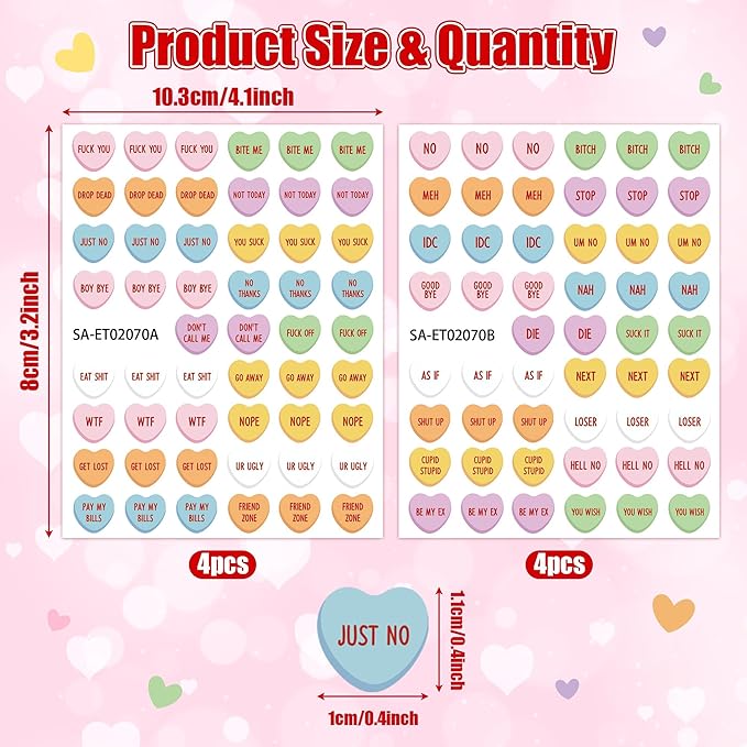 Eartim Valentine's Day Mean Conversation Heart Nail Sticker - 8 Sheets Colorful Sweet Heart Nail Art Sticker Waterproof Self-Adhesive Decorative Decal for Women Valentines DIY Manicure Accessories