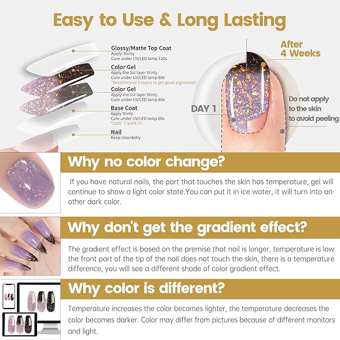 YTD Likomey Brocade Glitter Color Changing Gel Nail Polish,15ml Grayish Purple To Black Shimmer Mood Temperature Change Colors Iridescent Flakes,Fall Winter Ombre Thermal UV Gel,WB348