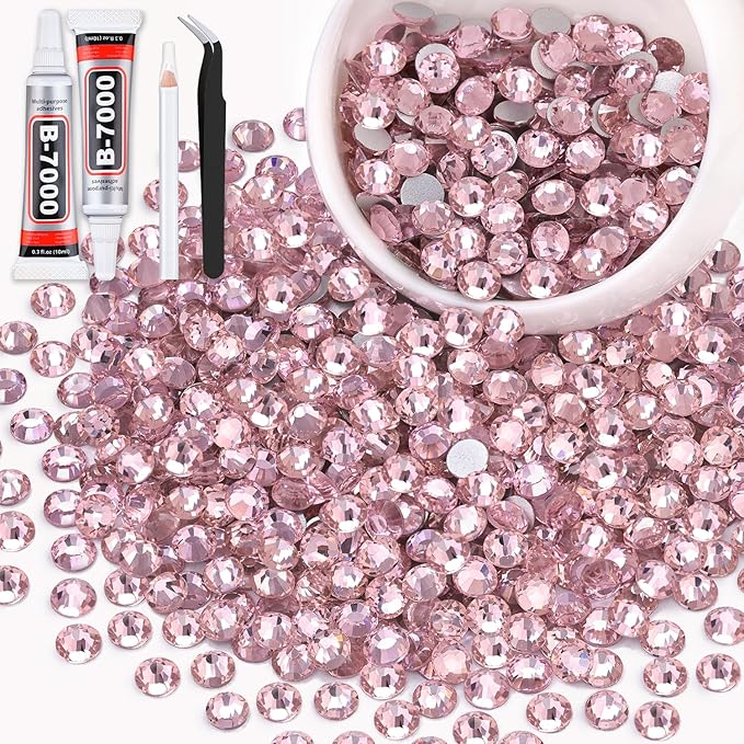 600PCS SS30/6mm Crystal Rhinestones (Light Pink) with 2Pcs 10ml B7000 Jewelry Glue, Bedazzling Flatback Glass Rhinestones for Crafting, Gems Diomand Charms for Tumbler Shoes Clothing Mugs Nail Art