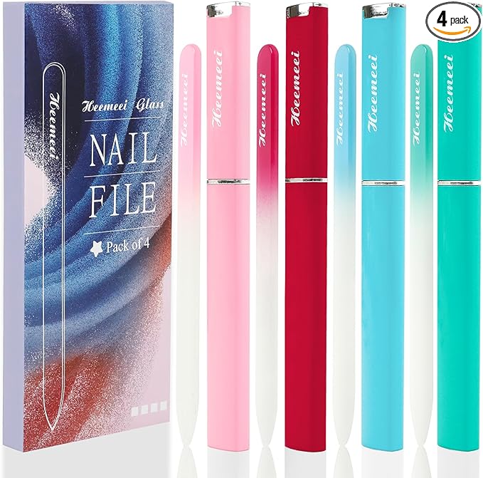 4 Pack Double Sided Glass Nail File With Case - 180/320 Grit for Natural Nails, Fingernails, Crystal Files for Women Pedicure