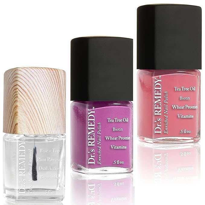 Dr’s Remedy 3 Pack Nail Polish Kit, Rise and Shine Trio, Non Toxic and Organic All Natural Enriched Nail Strengthener - TOTAL Two-in-One/SERENE Salmon/MAGNIFICENT Magenta
