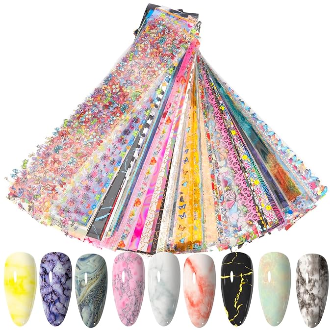 WOKOTO 300 Sheets Nail Foil Art Kit, Nail Foils Transfer Nail Art Stickers For Nails, Marble Gradient Holographic Leopard Stickers Gels Nail Polish Foil Transfer Sheets Set Manicure Nails Art DIY