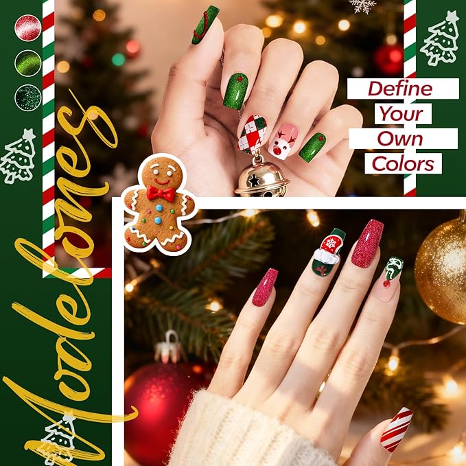 modelones Gel Nail Polish Set, 6 Colors White Red Dark Green 9D Cat Eye Gel Polish Gold Stars Ornament Glitter Nail Polish with Stickers & Magnet & Wooden Stick LED Mani DIY Gift