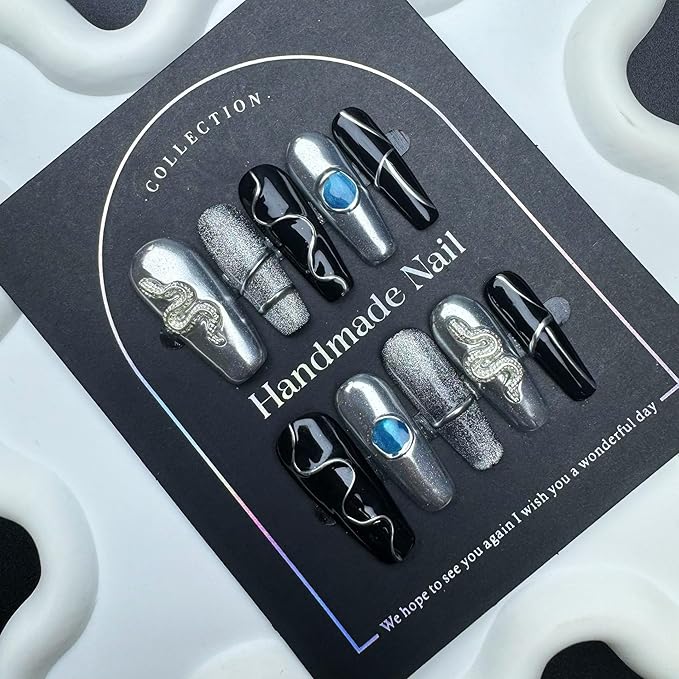 100% 5D Handmade Press on Nails with Snake Charms Medium Coffin Nails Press ons Balck Silver False Nails Cruve Line Press on Nails Fall Fake Nails for Women Girls Daily Wear DIY Manicure Size L