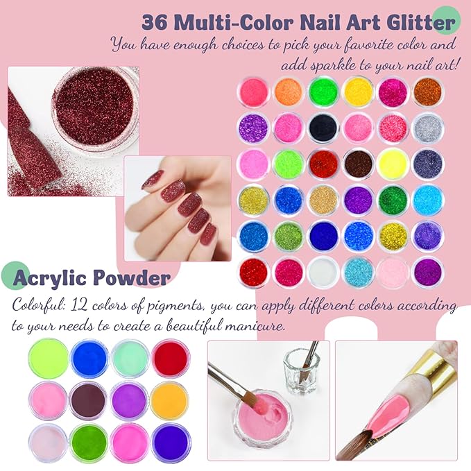 Acrylic Nail Kit,Professional Multicolor Acrylic Nails Powder Nail Starter Kit Decoration Tools with Everything UV Light for Beginners