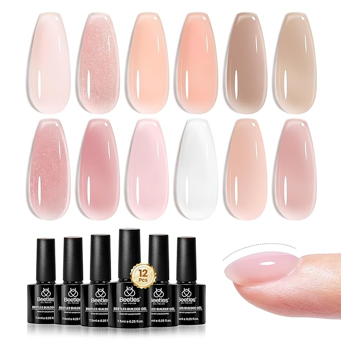 Beetles Builder Gel Set-Skin Poem 12 Colors 8 in 1 Nail Thickening Strengthening Building Apex for Beginner DIY Salon at Home,Natural Nude Jelly Pink Glitter Builder Nail Gel, UV & LED Lamp Cured Need