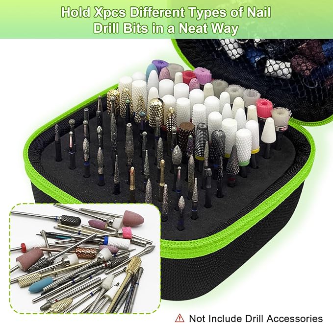 81 Holes Nail Drill Bit Holder, Nail Bits Display Organizer Container, Waterproof Portable Organizer Bag, Efile Nail Bits Professional Nail File Bits Manicure Tools, (Green) (ONLY CASE)