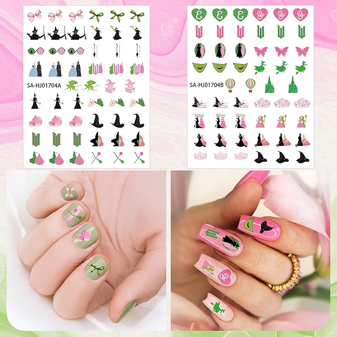 Witch Witchy Nail Stickers - 8 Sheets Pink and Green Witch Hat Crown Bow 3D Nail Art Stickers Musical DIY Finger Decals for Girls Manicure Decoration Halloween Party Favor Manicure Accessory