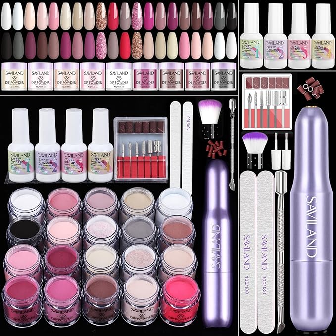 SAVILAND Dip Powder Nail Kit with Drill: 20 Winter Color Pink Nude Grey Dip Nails Powder Starter Kit with Essentials Liquid Set Dip Base Top Activator Brush Saver French Nail Art Women Christmas Gift