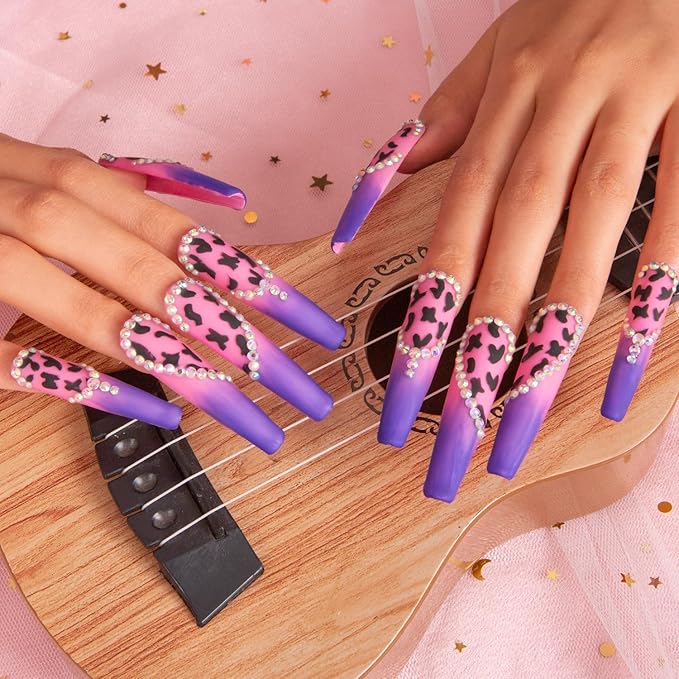LOVFUL Press on Nails Boozy Lavender | Handmade with Full Covered Crystals | Reusable Full Cover Nails | Coffin Long 2.2 in | H211-M