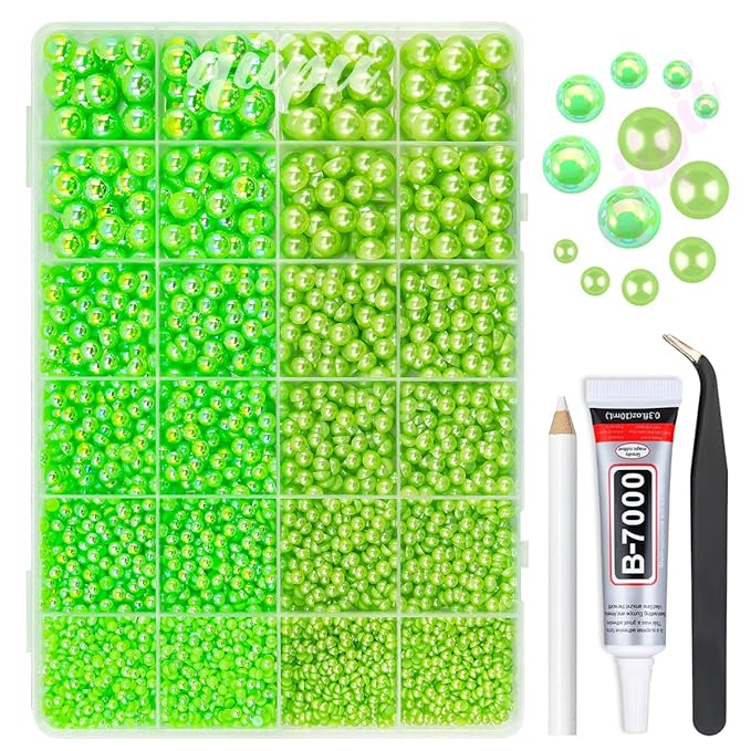 2 Styles Solid Green+ Light Green AB Flatback Pearls for Bedazzling Crafting 3mm-10mm Half Round Pearls Beads Gems Bedazzler Kit for Nails Face Eyes Makeup Tumblers Bottles Crafts Shoes﻿ Beauty