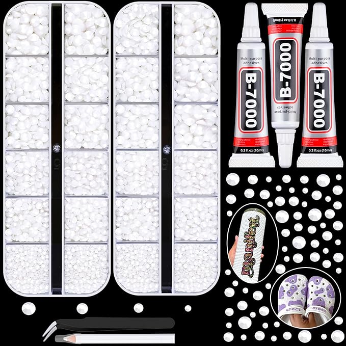 12100Pcs Resin Rhinestones for Crafting with 3Pcs 10ml B7000 Jewelry Glue, 2 Boxes Flatback Crystals Diomand (White) for Bedazzling Crafts DIY Nail Art Makeup，Non Hotfix Gems for Clothing Shoes