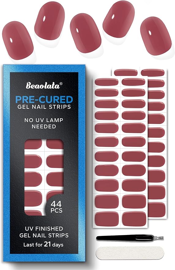 Real Gel Nail Strips (No UV Light Needed) - 44Pcs Salon Quality Nail Stickers - Long Lasting Polish Wraps for Women, Easy Apply & Remove (Oxblood Brown）
