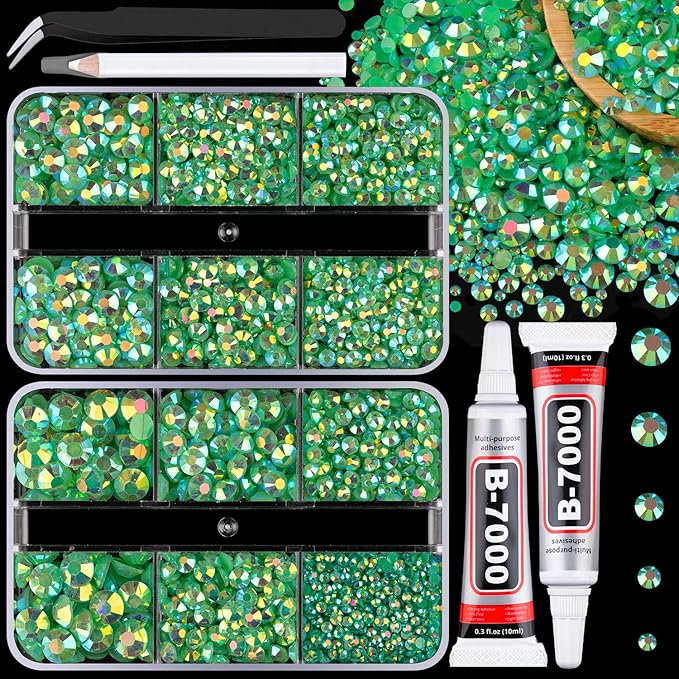 Resin Jelly Rhinestones for Crafting with B7000 Jewelry Glue, 2 Boxes Dark Green AB Flatback Crystals with 2Pcs 10ml Glue, Bedazzling Non Hotfix Gems for DIY Tumblers Clothing Shoes Manicure