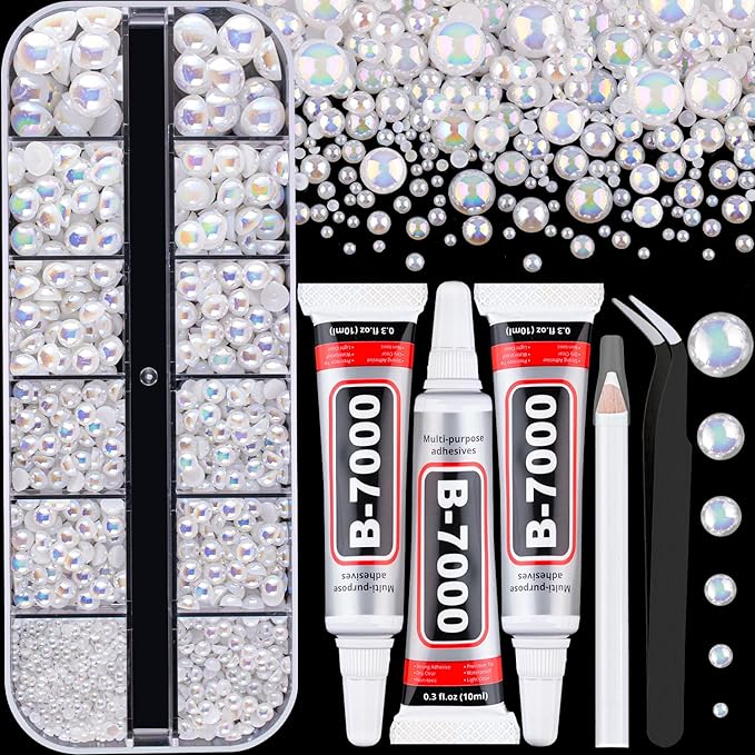 Flatback Pearls for Crafting with 3Pcs 10ml B7000 Jewelry Glue, 1 Box of Half Round White AB Pearls, Bedazzling Beads for DIY Crafts Clothing Tumblers Shoes Embellishment Nail Art