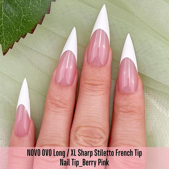 NOVO OVO White French Tip Long XL Sharp Stiletto Nail Tips Press on BERRY PINK, Soft Gel Double Matte Fake Nail Extension, Full Cover False Nails for Acrylic DIY x 16 Sizes 160 pcs