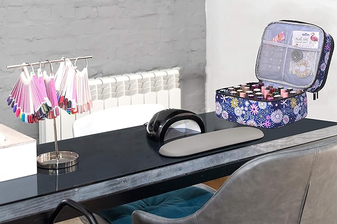 Nail Polish Organizer- Holds 30 Bottles Nail Supply Organizers and Storage Double-layer Nail Bag Organizer Case Nail varnish Organizer Nail Polish Storage Bag with Handle (Flower)