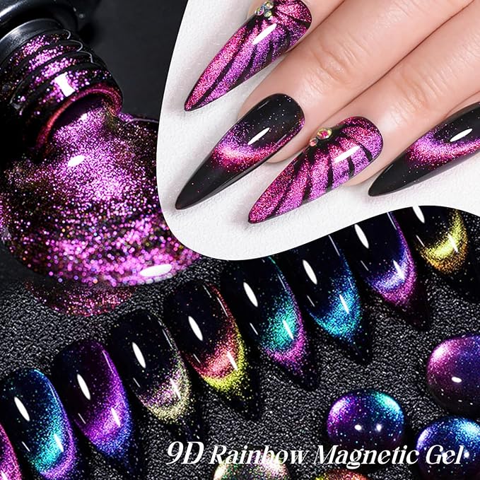 MEET ACROSS 9D Cat Eye Gel Nail Polish, 12 Pcs Chameleon Galaxy Magnetic Gel Polish Set with Base Top Coat and Magnet Stick Soak Off Nail Art Salon Manicure Home Ladies Gift