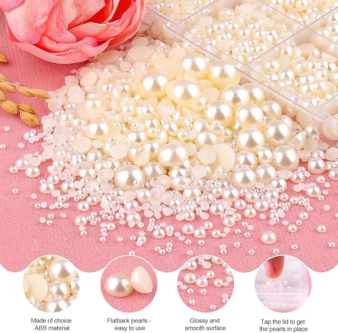13000Pcs Flatback Pearls for Crafting (Ivory White/Beige), Assorted Size 2/3/4/5/6/8/10mm Half Pearl with 3Pcs 10ml B7000 Jewelry Glue, Bedazzling Bead for DIY Crafts Clothing Tumblers Shoes Nail Art