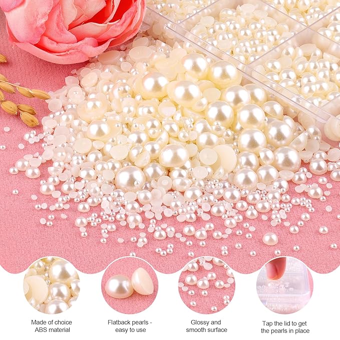 11000Pcs Flatback Pearls for Crafting (Ivory White/Beige), Assorted Size 2/3/4/5/6/8/10mm Half Pearl, Bedazzling Bead for DIY Crafts Clothing Tumblers Mugs Shoes Fabric Embellishment Nail Art Makeup