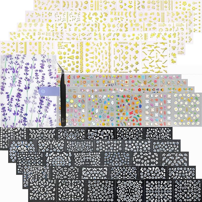 Zoance 90 Sheets Gold Nail Art Stickers & Storage Book,5000 Pieces 3D Self-Adhesive White Floral Nail Stickers with Blue Rhinestones Designs,Multicolor Nail Decals for Women Girls Manicure Decorations